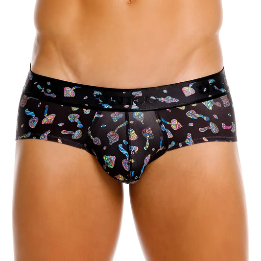 Black men’s briefs with vibrant iridescent rainbow mushroom pattern and the co waistband in black Unico 25060101103