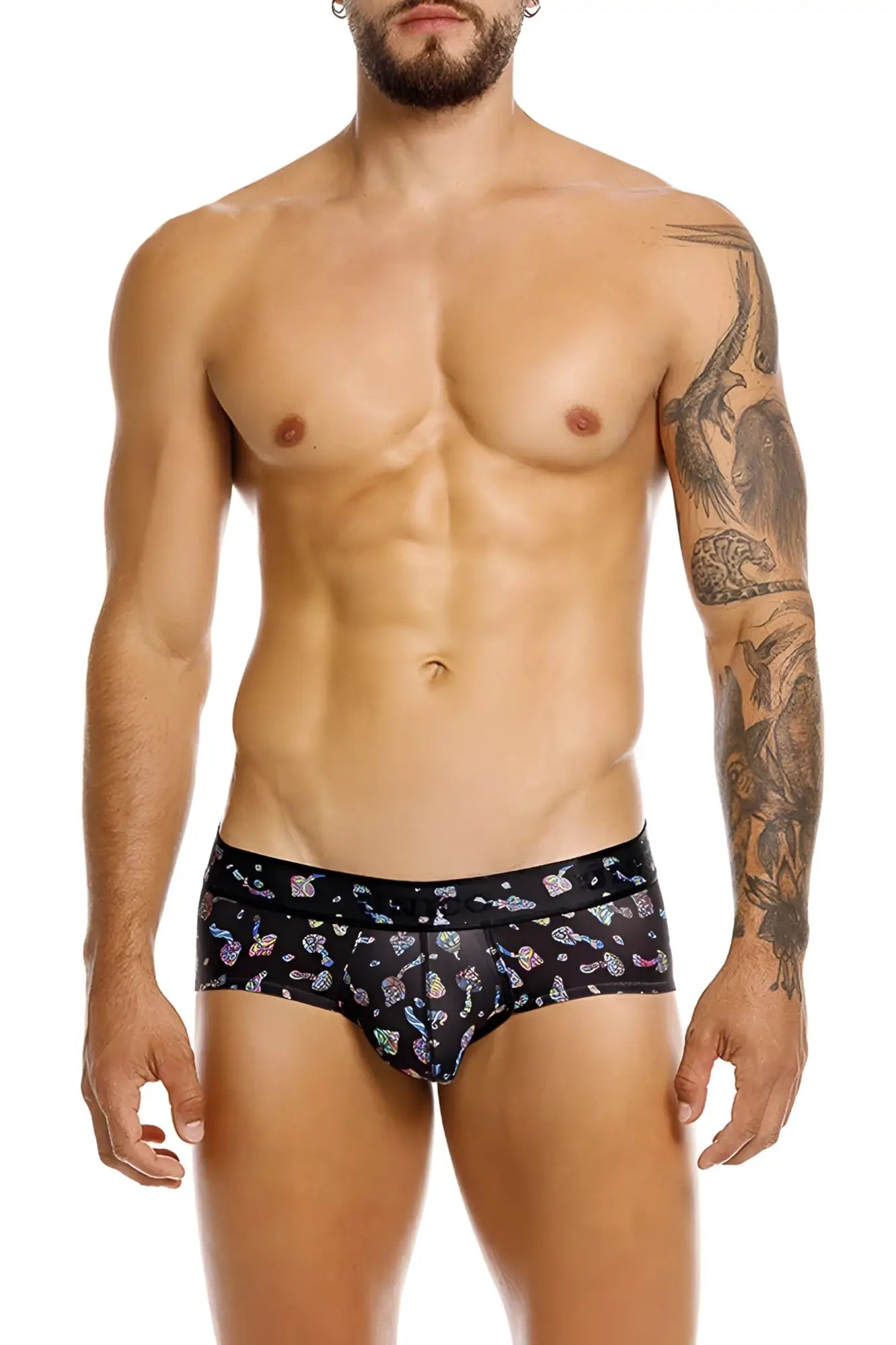 Black mens briefs unico 25060101103 hongos color 99-black with vibrant multicolored cartoon mushrooms and stars pattern