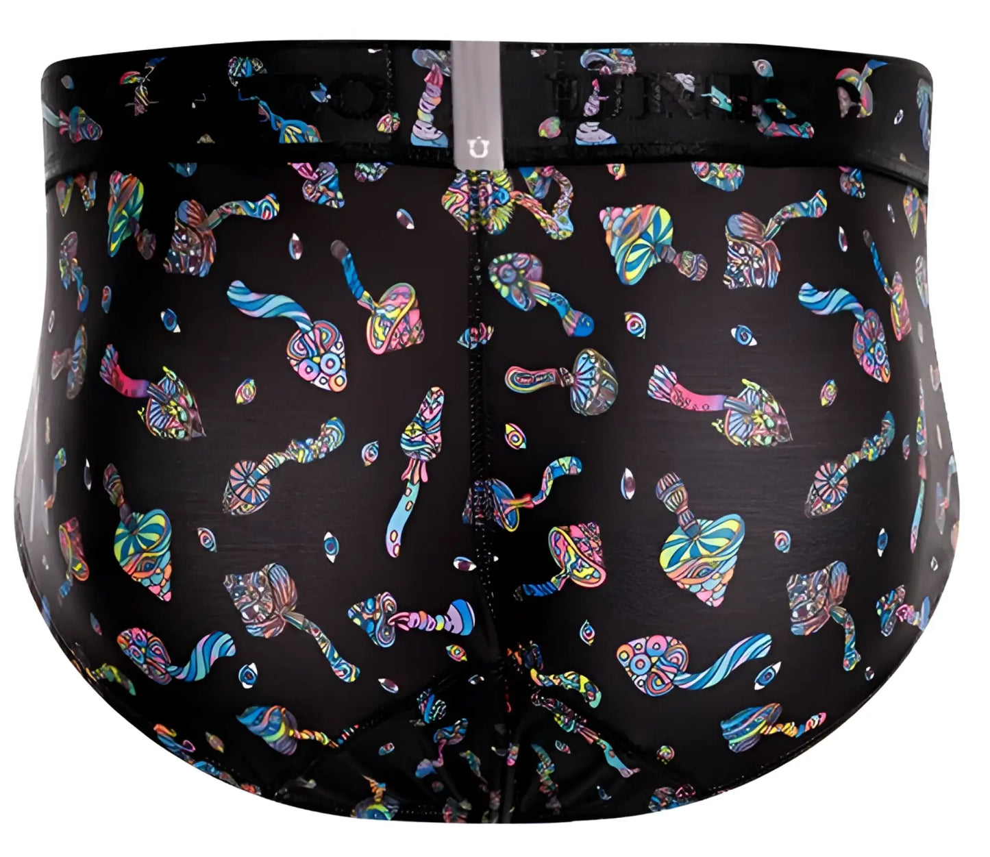 Unico 25060101103 hongos black men’s briefs with vibrant psychedelic mushroom pattern in iridescent pink blue and green