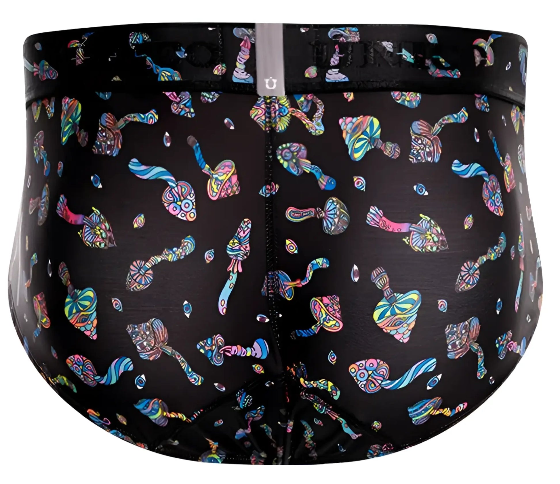 Unico 25060101103 hongos black men’s briefs with vibrant psychedelic mushroom pattern in iridescent pink blue and green