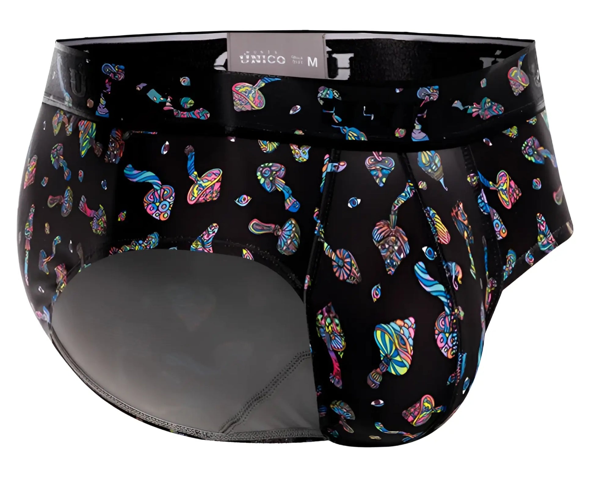 Black unico mens briefs with a psychedelic rainbow mushroom pattern in color 99 black from unico 25060101103