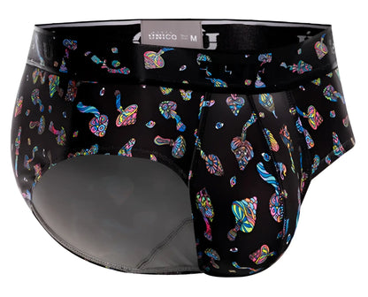 Black unico mens briefs with a psychedelic rainbow mushroom pattern in color 99 black from unico 25060101103