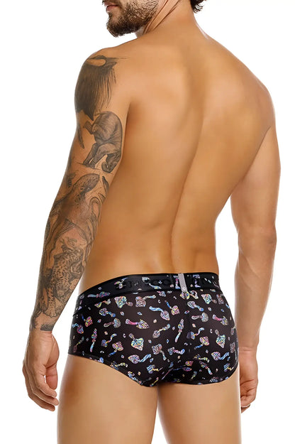 Black unico 25060101103 hongos briefs featuring a vibrant iridescent pattern of colorful mushrooms and abstract shapes