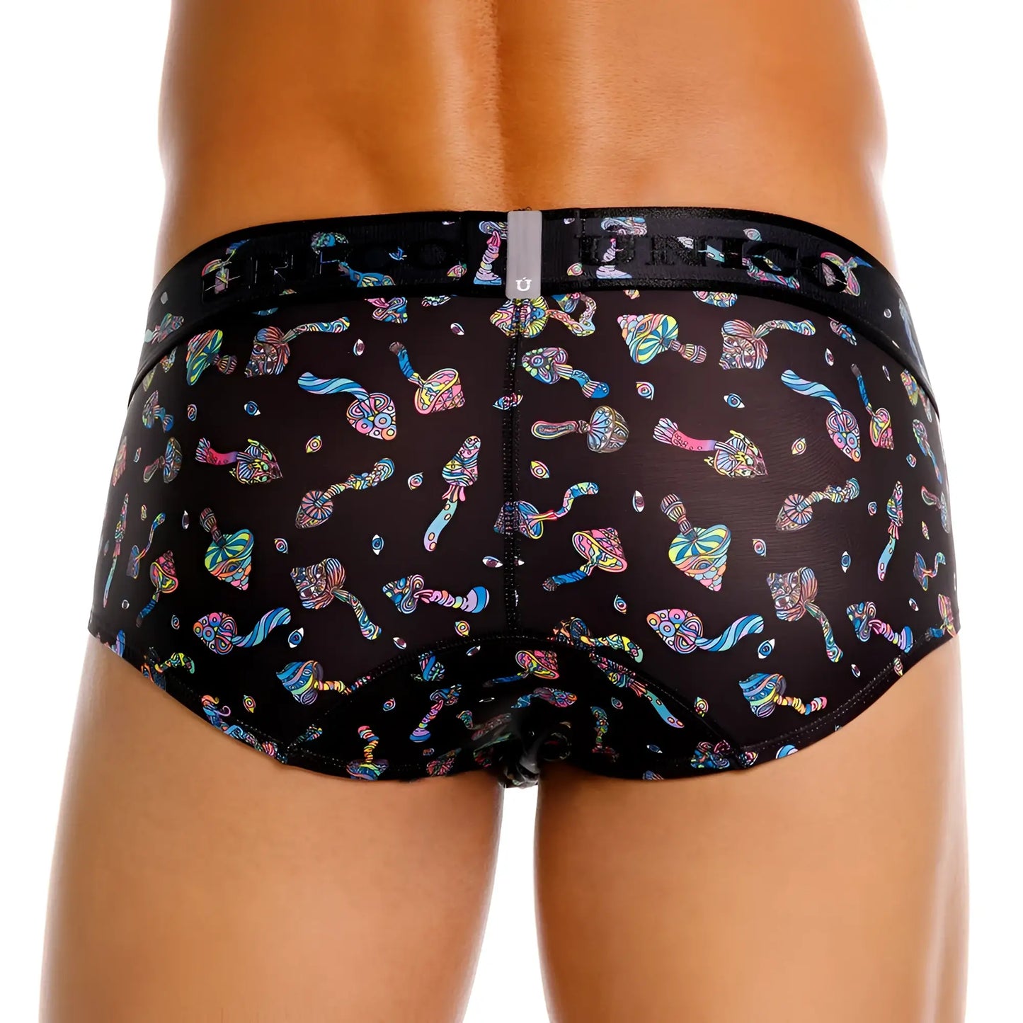 Black briefs unico 25060101103 hongos featuring vibrant psychedelic rainbow mushroom pattern on black fabric