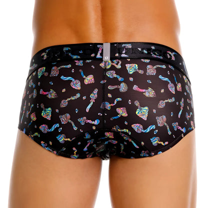 Black briefs unico 25060101103 hongos featuring vibrant psychedelic rainbow mushroom pattern on black fabric