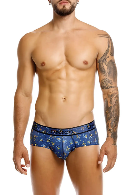 Blue men’s unicO pacer briefs with yellow and white abstract designs and bicco branded waistband color 46-blue