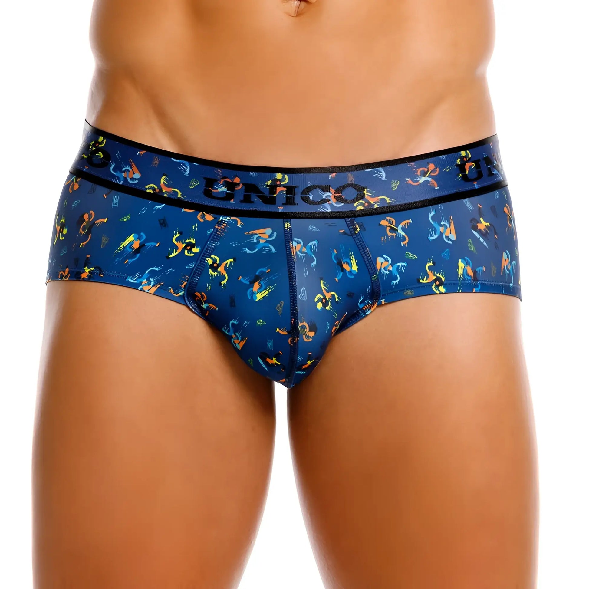 Blue unico men’s briefs with a vibrant abstract pattern in color 46 blue from the unico 25060101106 pacer briefs line