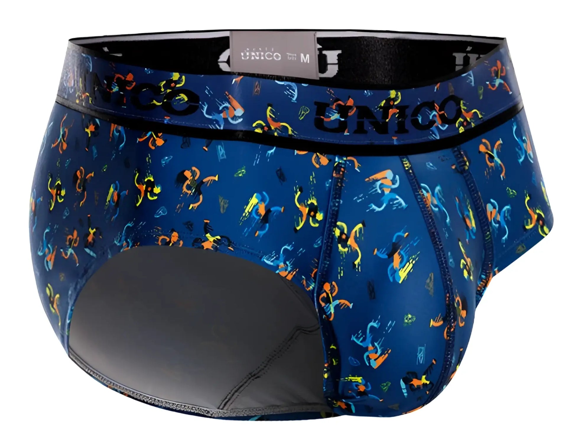 Blue unico men’s briefs with vibrant colorful abstract pattern and black elastic waistband model pacer briefs color 46-blue