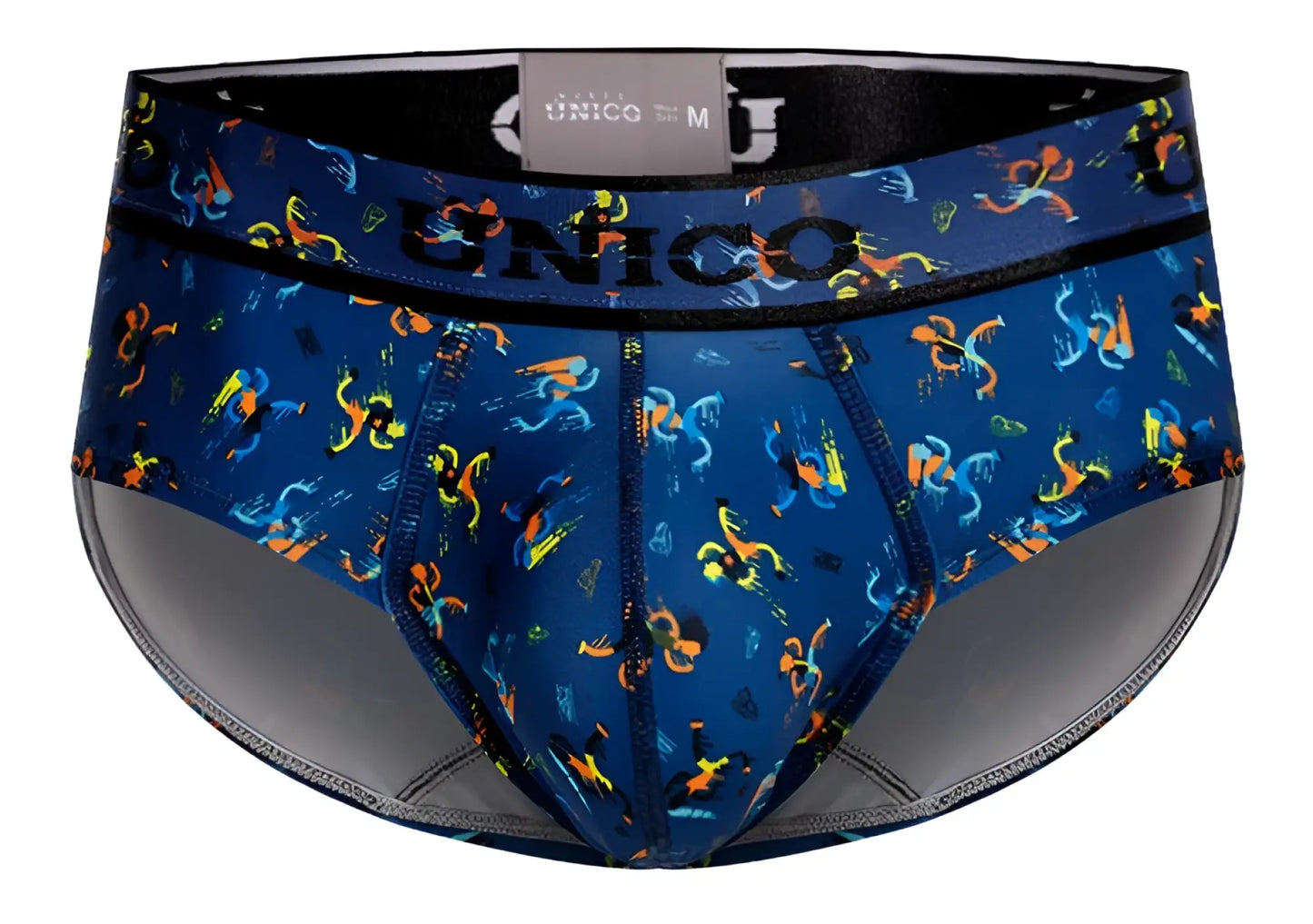 Blue unico men’s briefs with vibrant multicolored abstract pattern and black trim in pacer briefs color 46-blue