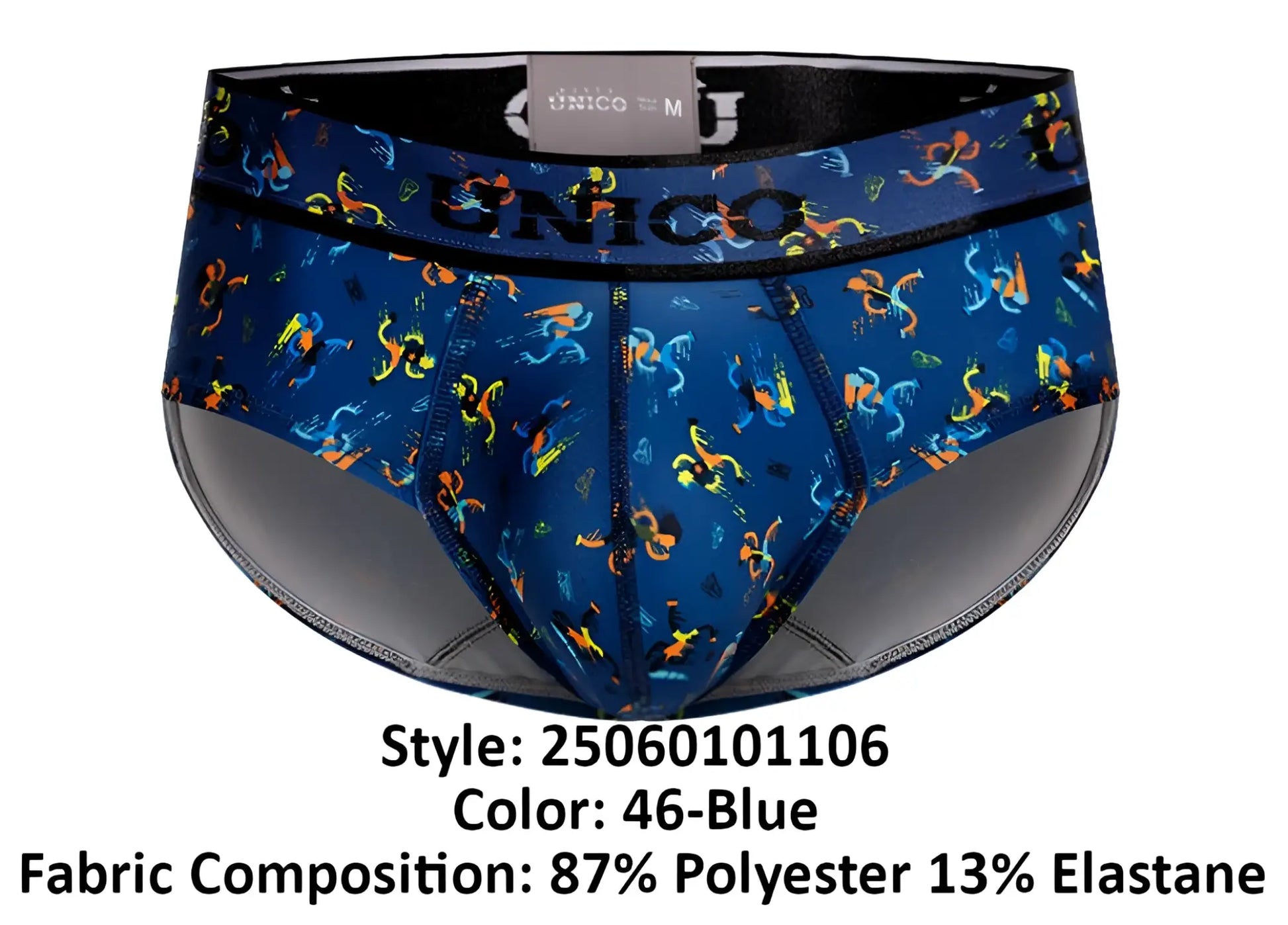 Blue patterned unico 25060101106 pacer briefs with vibrant colorful stylized figures on fabric in blue