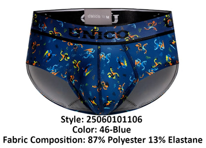 Blue patterned unico 25060101106 pacer briefs with vibrant colorful stylized figures on fabric in blue