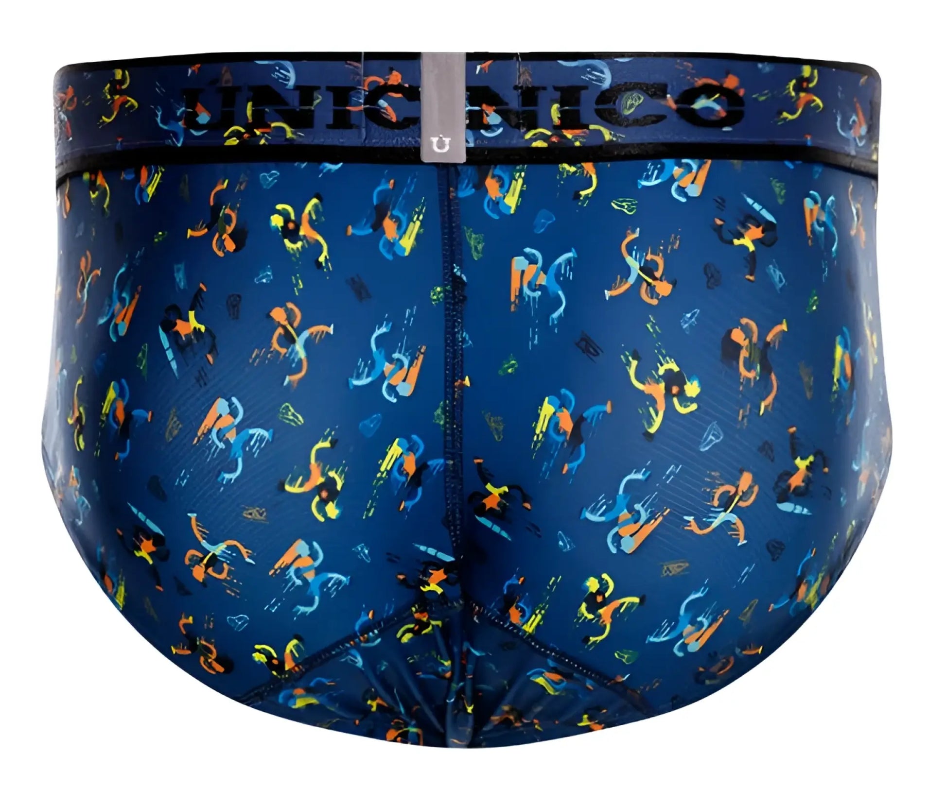Blue unico 25060101106 pacer briefs with vibrant abstract pattern of orange yellow and light blue dynamic figures