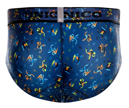 Blue unico 25060101106 pacer briefs with vibrant abstract pattern of orange yellow and light blue dynamic figures