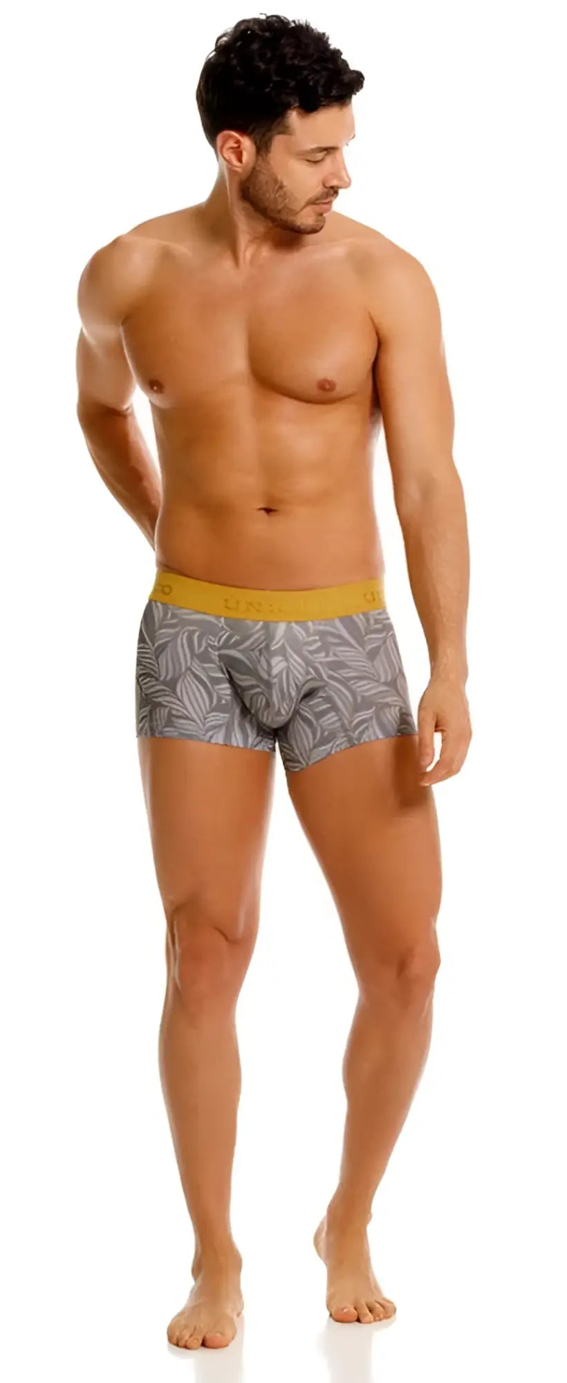 Gray boxer briefs with leaf pattern and yellow waistband from unico caudal trunks color 59-gray collection