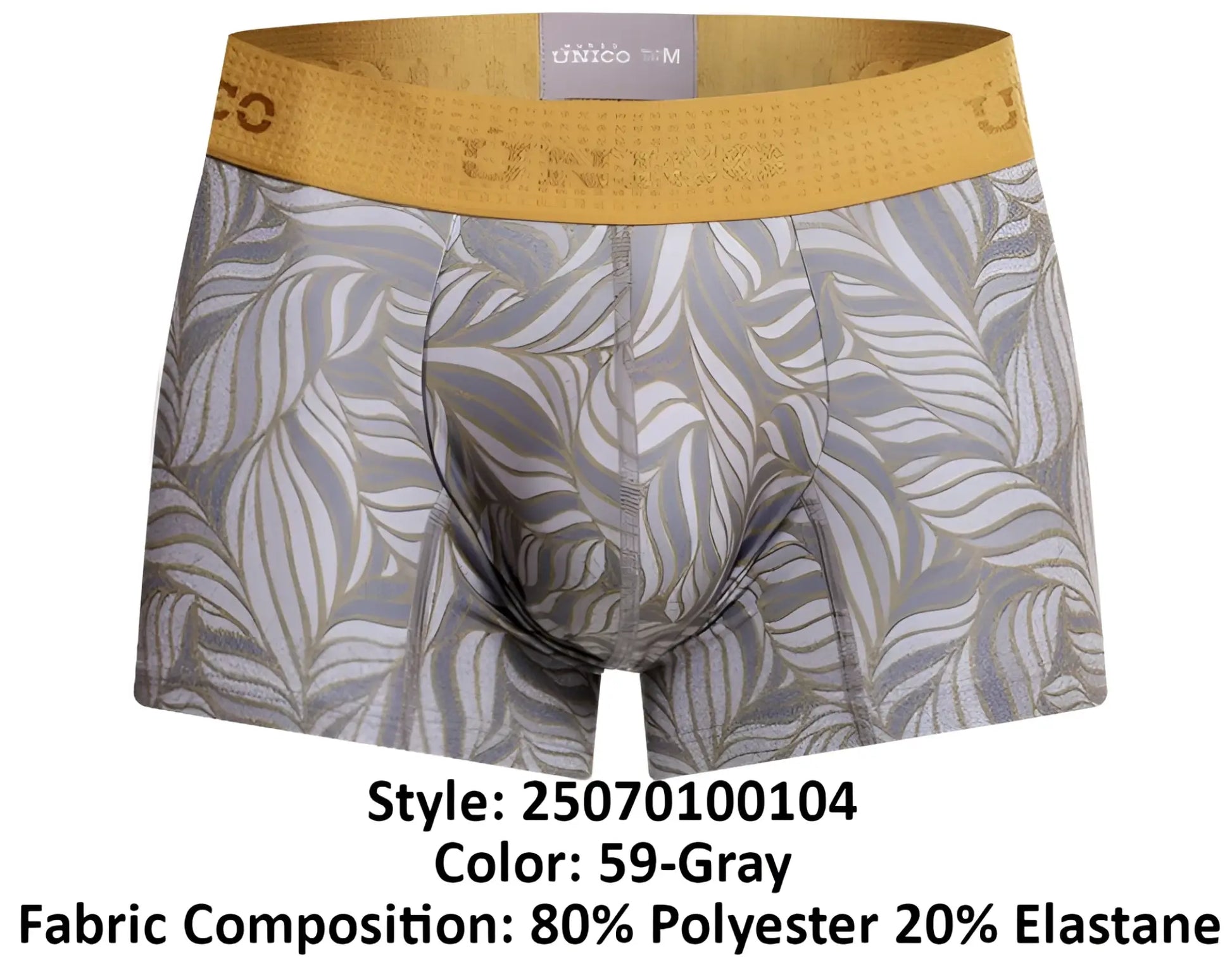 Gray boxer briefs unico 25070100104 caudal trunks with metallic gold and silver leaf pattern and mustard-yellow waistband