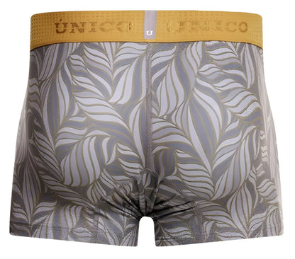 Gray and gold leaf-patterned unico boxer briefs with textured waistband in caudal trunks color 59-gray