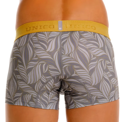 Gray and gold leaf-patterned unico 25070100104 caudal trunks boxer briefs with yellow elastic waistband