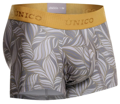 Gray and gold leaf-patterned unico men’s boxer briefs with a textured yellow waistband in color 59-gray