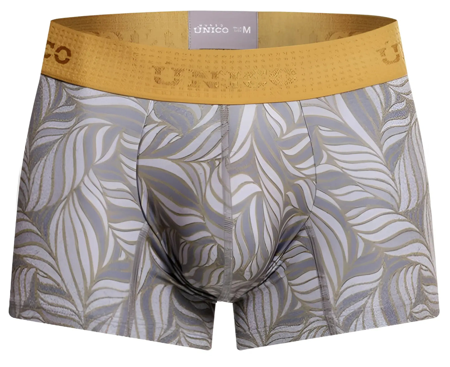Unico 25070100104 Caudal trunks gray men’s boxer briefs with gold leaf pattern and yellow elastic waistband