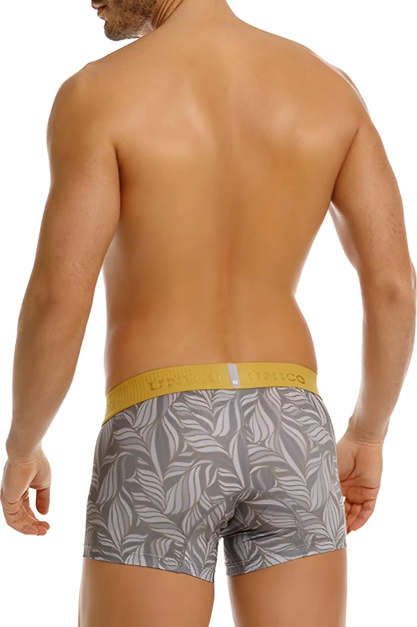 Gray leaf-patterned boxer briefs with yellow waistband from unico caudal trunks color 59 gray front view