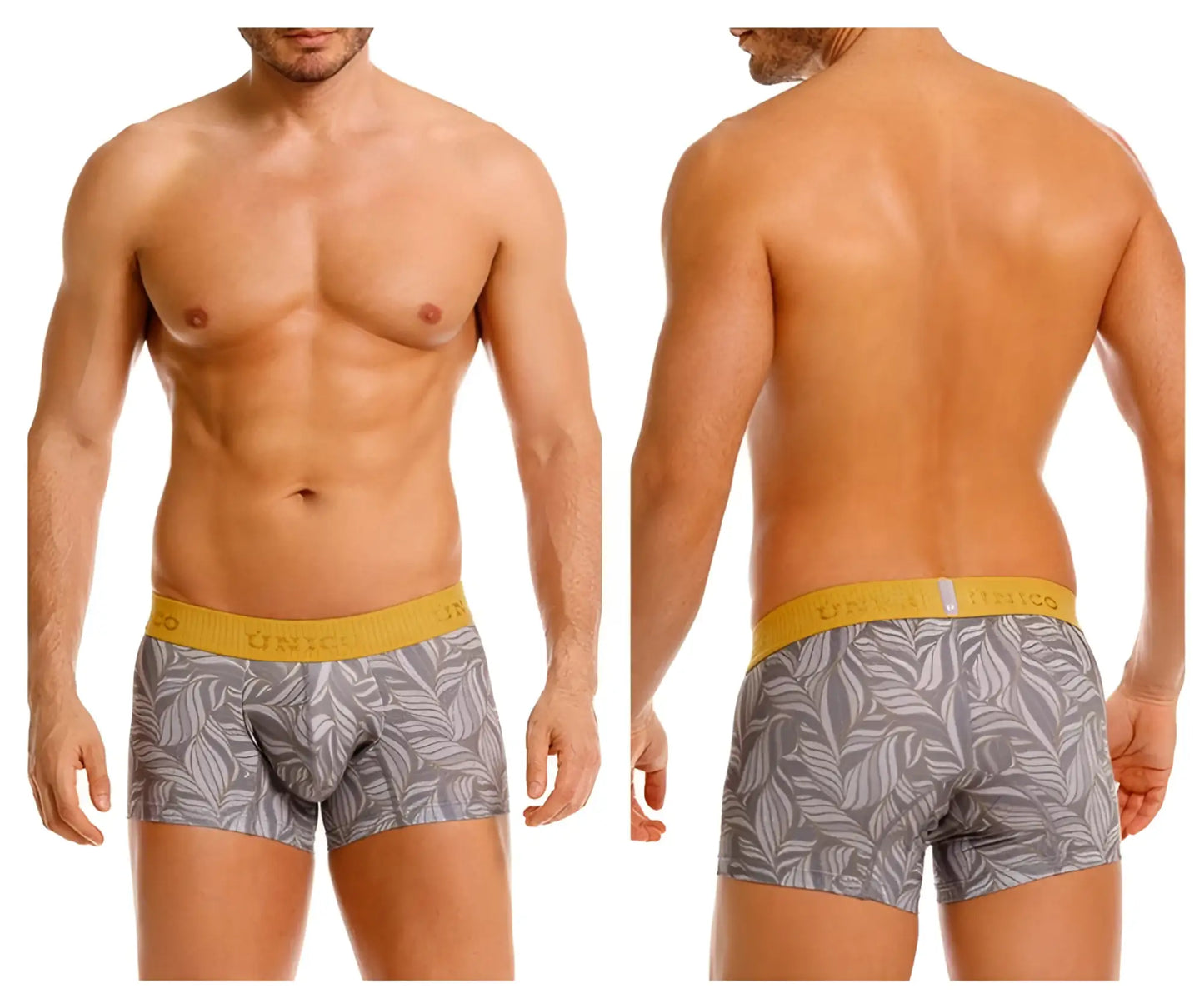Gray unico men’s boxer briefs with white leaf pattern and yellow elastic waistband model 25070100104 caudal trunks
