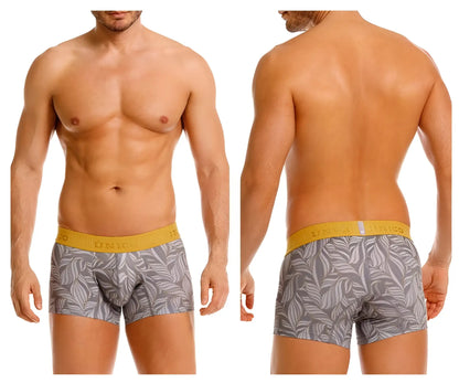 Gray unico men’s boxer briefs with white leaf pattern and yellow elastic waistband model 25070100104 caudal trunks