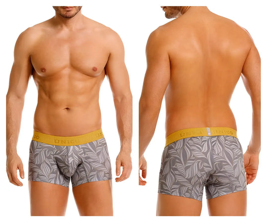 Gray unico men’s boxer briefs with white leaf pattern and yellow elastic waistband model 25070100104 caudal trunks
