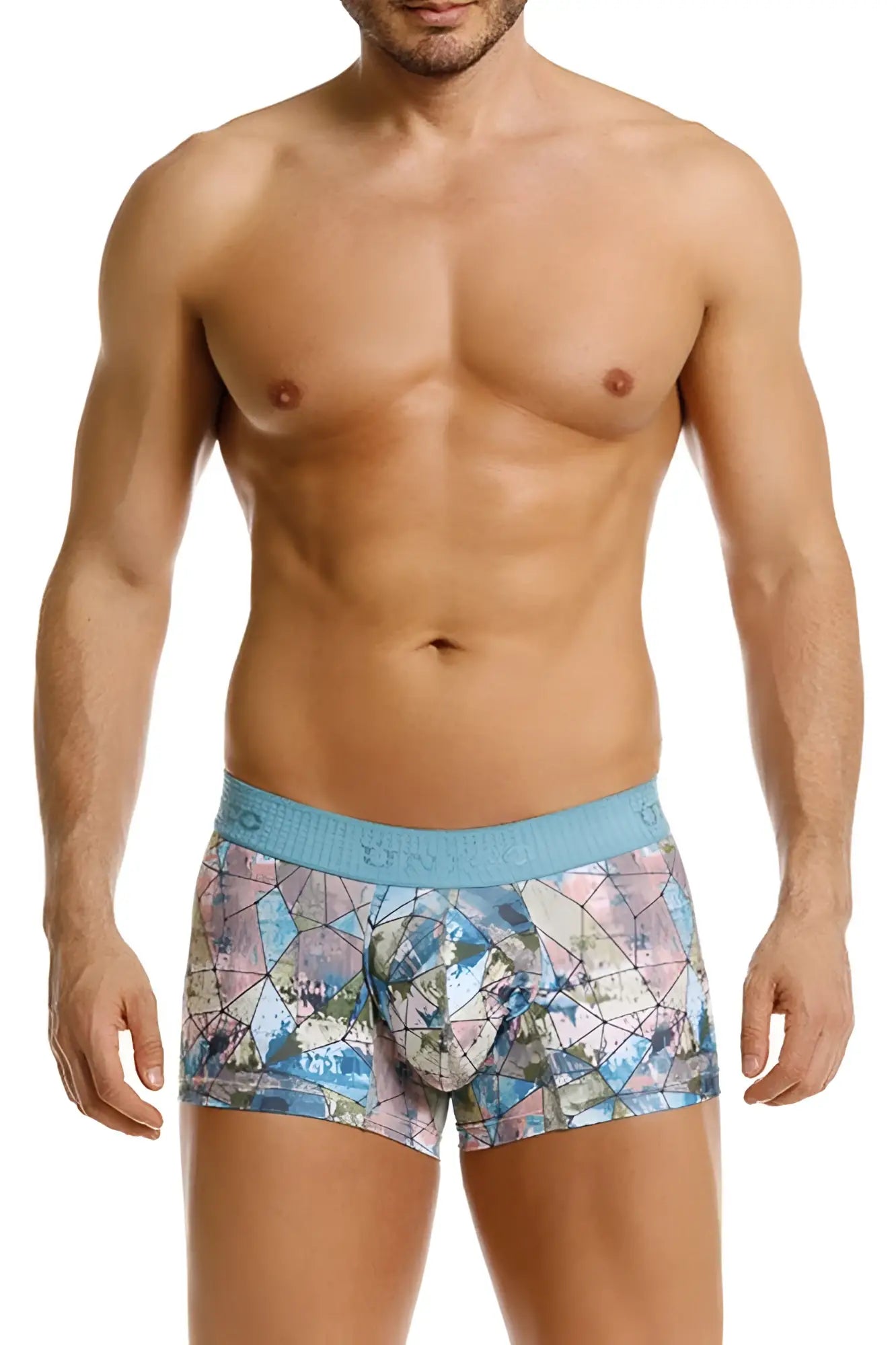 Unico vitral trunks color 46 printed blue and pink geometric patterned boxer briefs with light blue elastic waistband