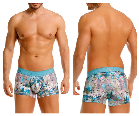 Blue and pink geometric patterned men’s boxer briefs with light blue elastic waistband unico 25070100105 vitral trunks