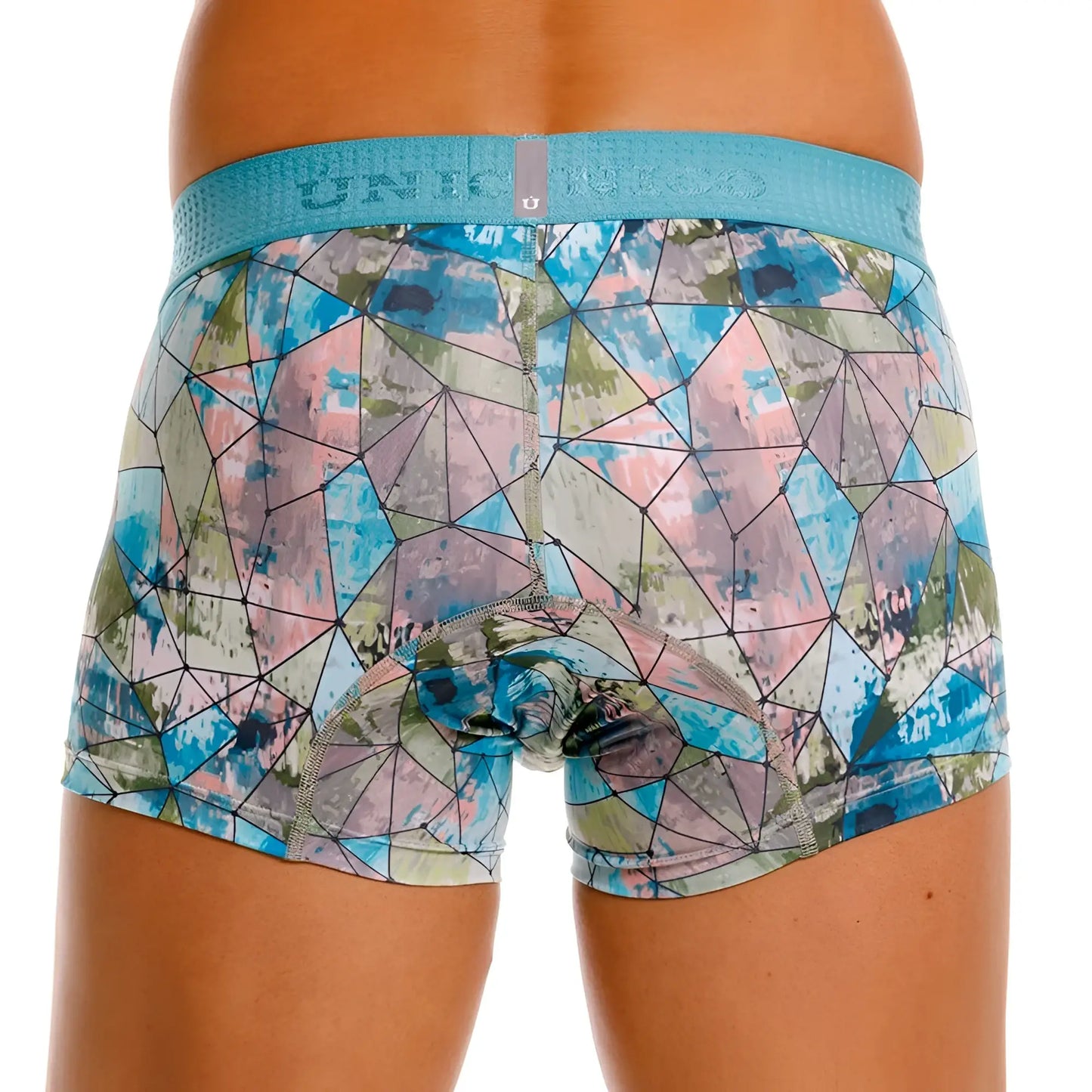 Unico 25070100105 vitral trunks color 46 printed blue and pink geometric patterned boxer briefs with textured elastic waistband