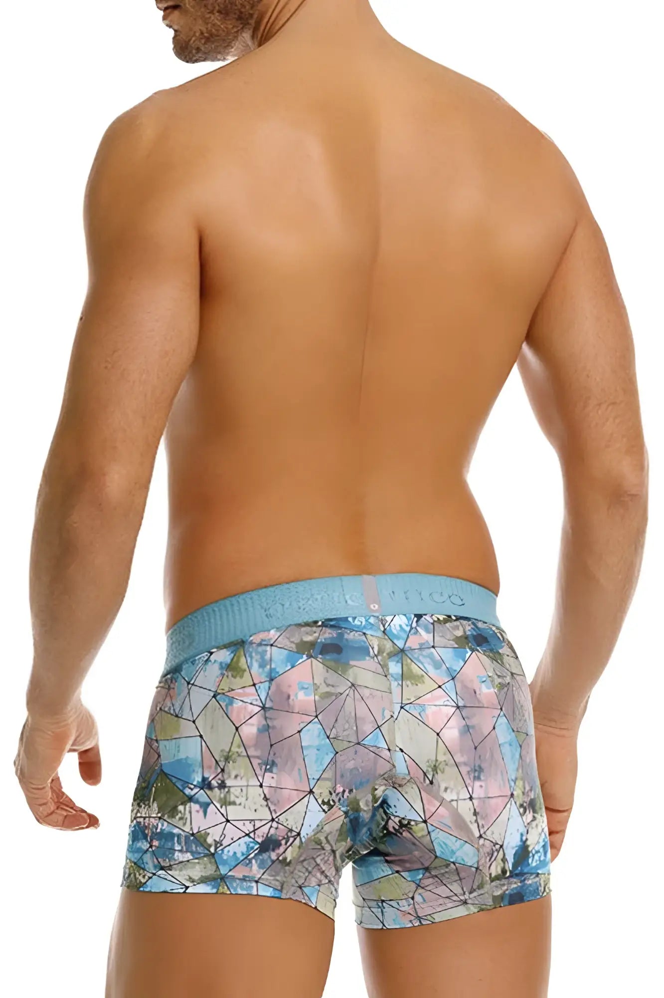 Unico 25070100105 vitral trunks color 46 printed men’s boxer briefs with blue and pink geometric pattern and light blue waistband