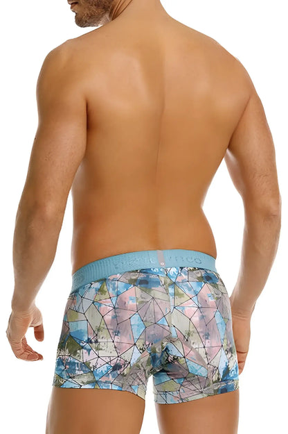Unico 25070100105 vitral trunks color 46 printed men’s boxer briefs with blue and pink geometric pattern and light blue waistband