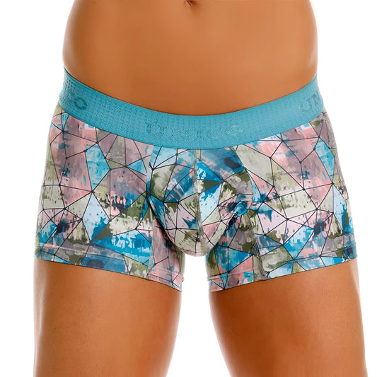 Unico vitral trunks in blue and pink geometric pattern with textured turquoise waistband boxer briefs