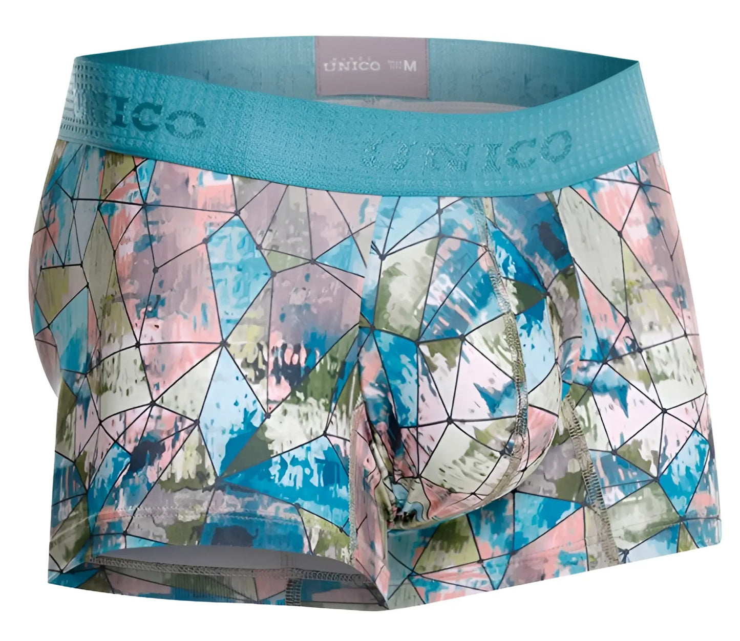 Unico 25070100105 vitral trunks printed men’s boxer briefs with geometric blue pink green pattern on stretchy teal waistband