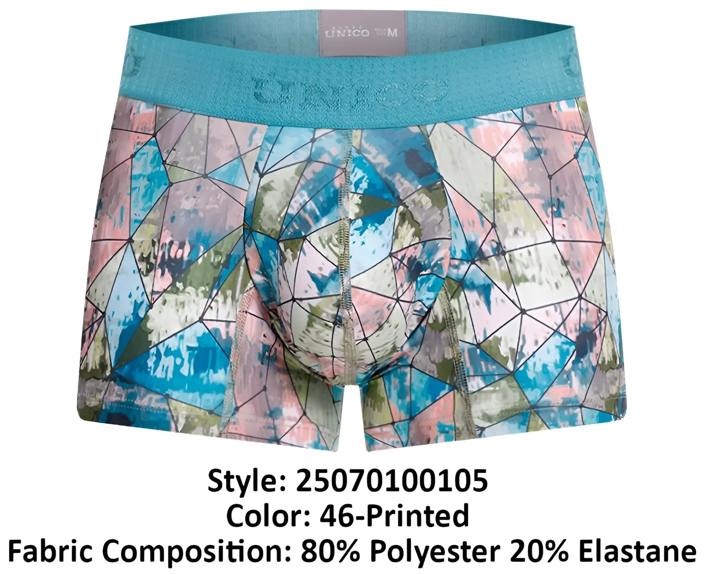 A pair of unico 25070100105 vitral trunks printed boxer briefs with abstract blue pink beige geometric print and teal waistband