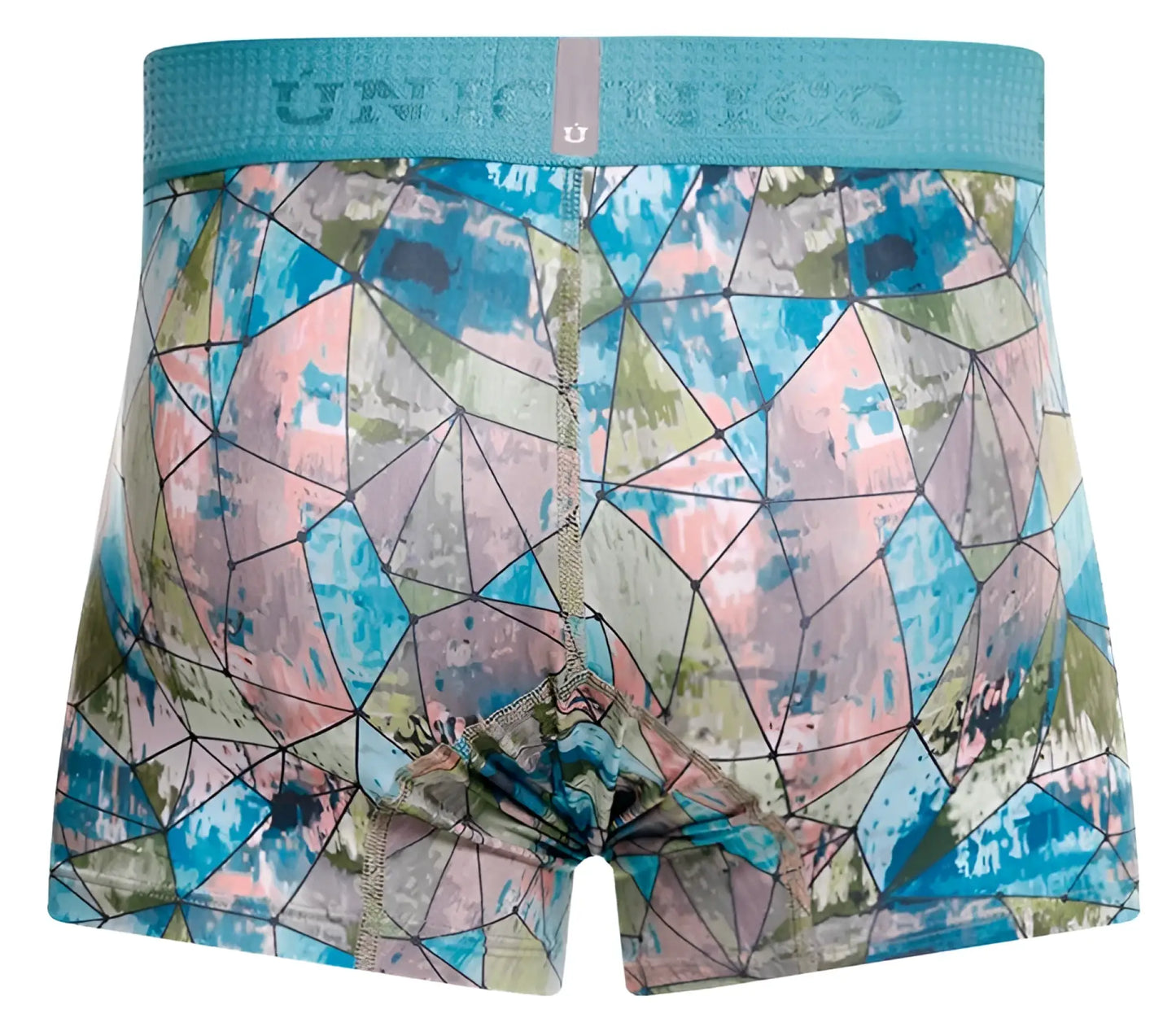Men’s teal and multicolored geometric patterned unico vitral trunks with textured waistband for comfortable wear