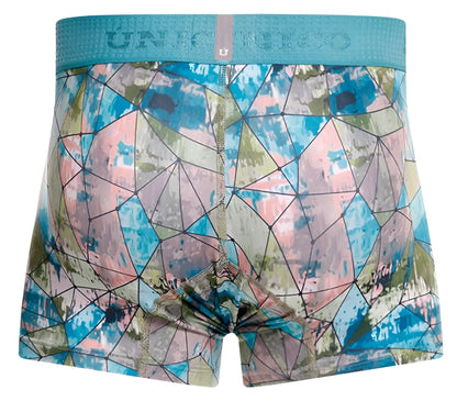 Men’s teal and multicolored geometric patterned unico vitral trunks with textured waistband for comfortable wear