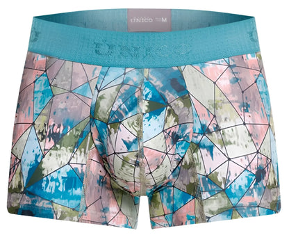 Teal and multicolored geometric unico 25070100105 vitral men’s boxer briefs with a textured waistband