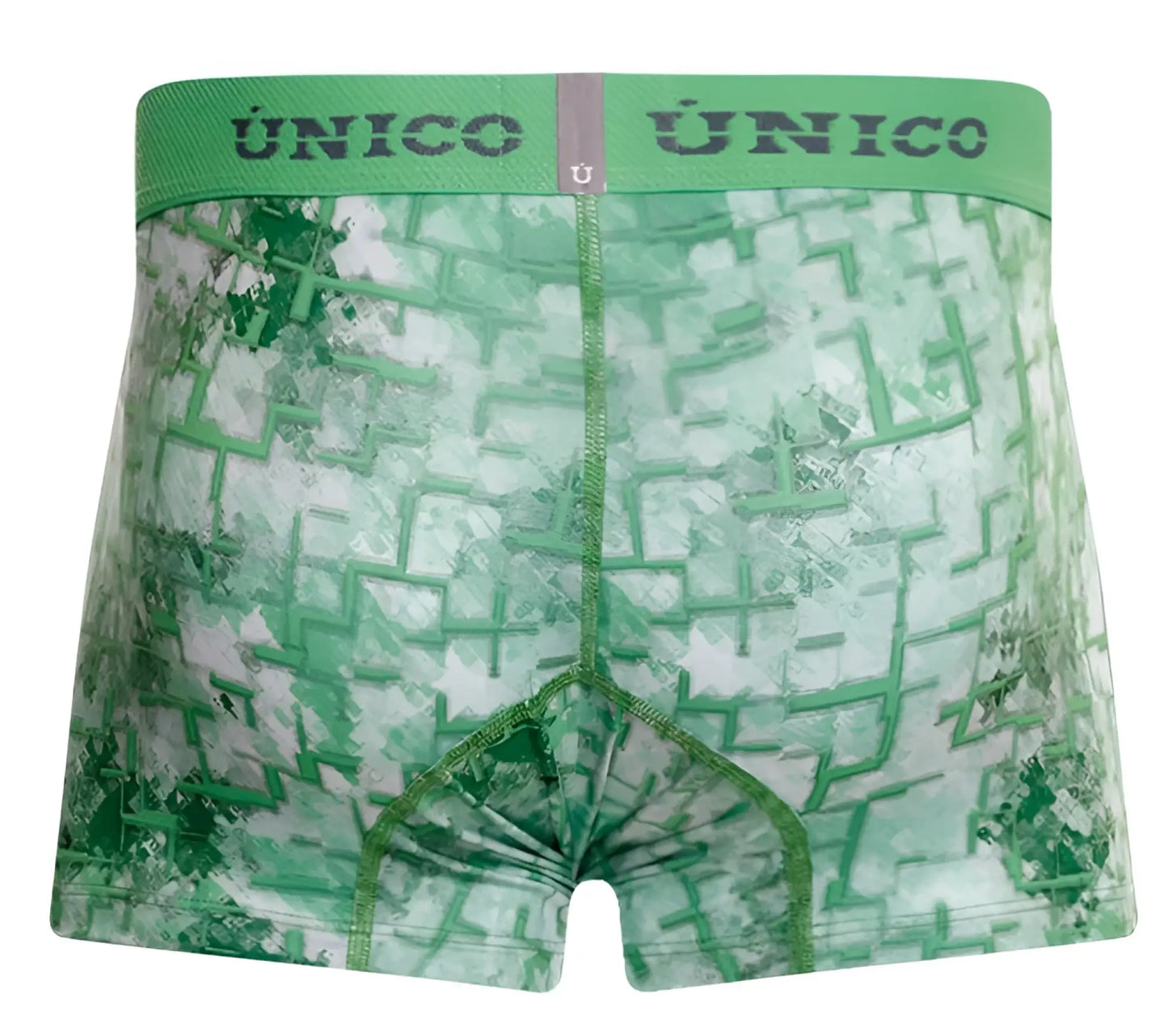 Green patterned men’s boxer briefs with a maze design and único branding on the waistband in color 43-green