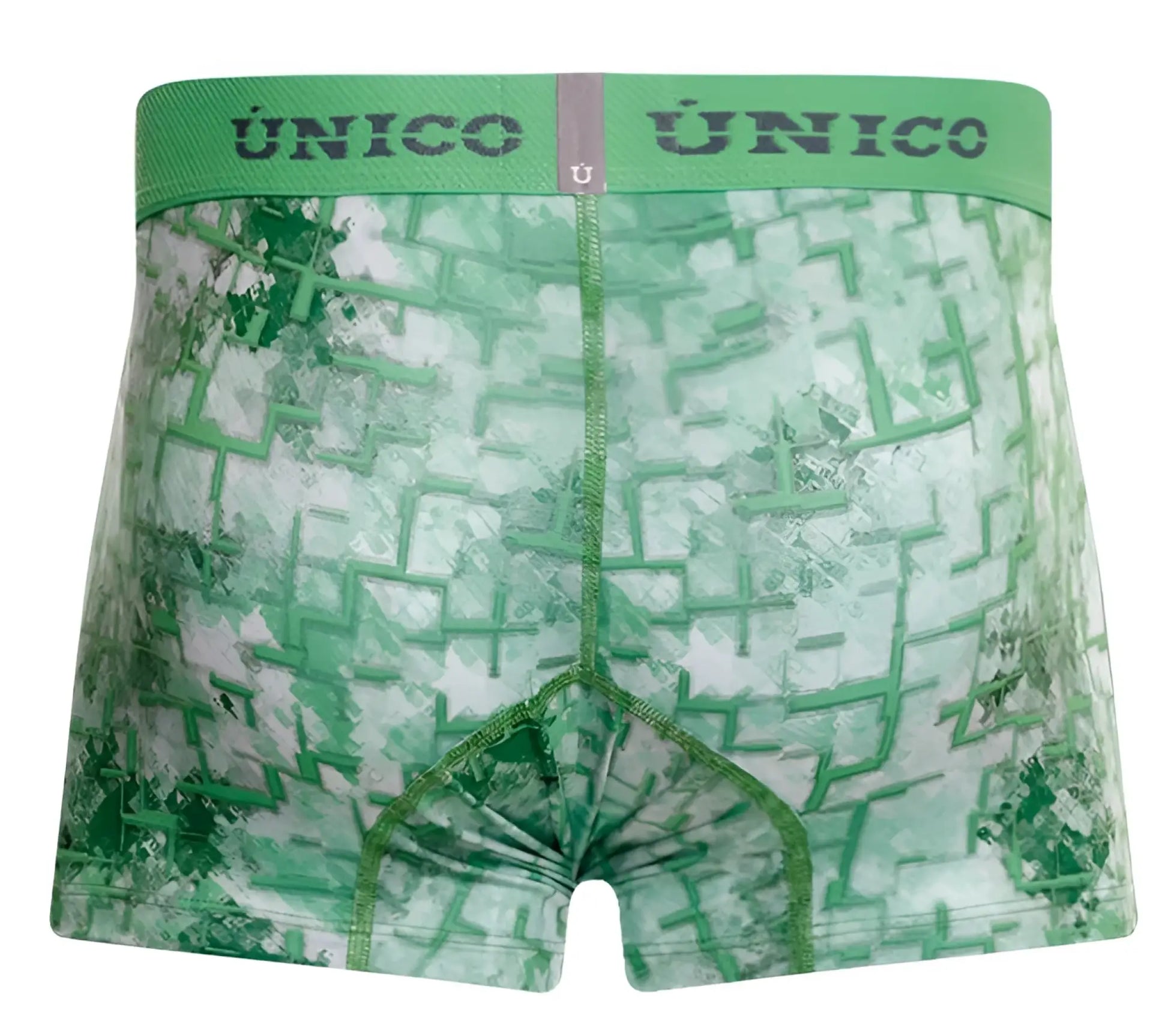 Green patterned men’s boxer briefs with a maze design and único branding on the waistband in color 43-green