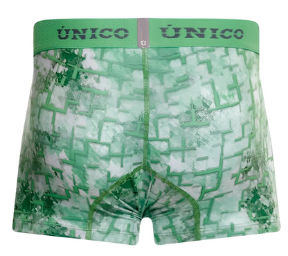 Green patterned men’s boxer briefs with a maze design and único branding on the waistband in color 43-green