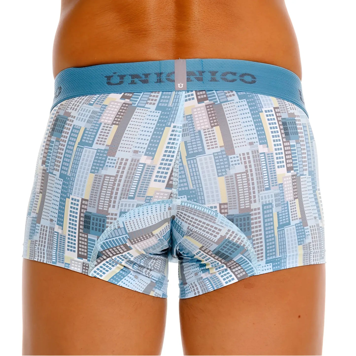 Unico 26020100103 Ocarina trunks mens boxer briefs in blue and gray cityscape pattern with teal waistband
