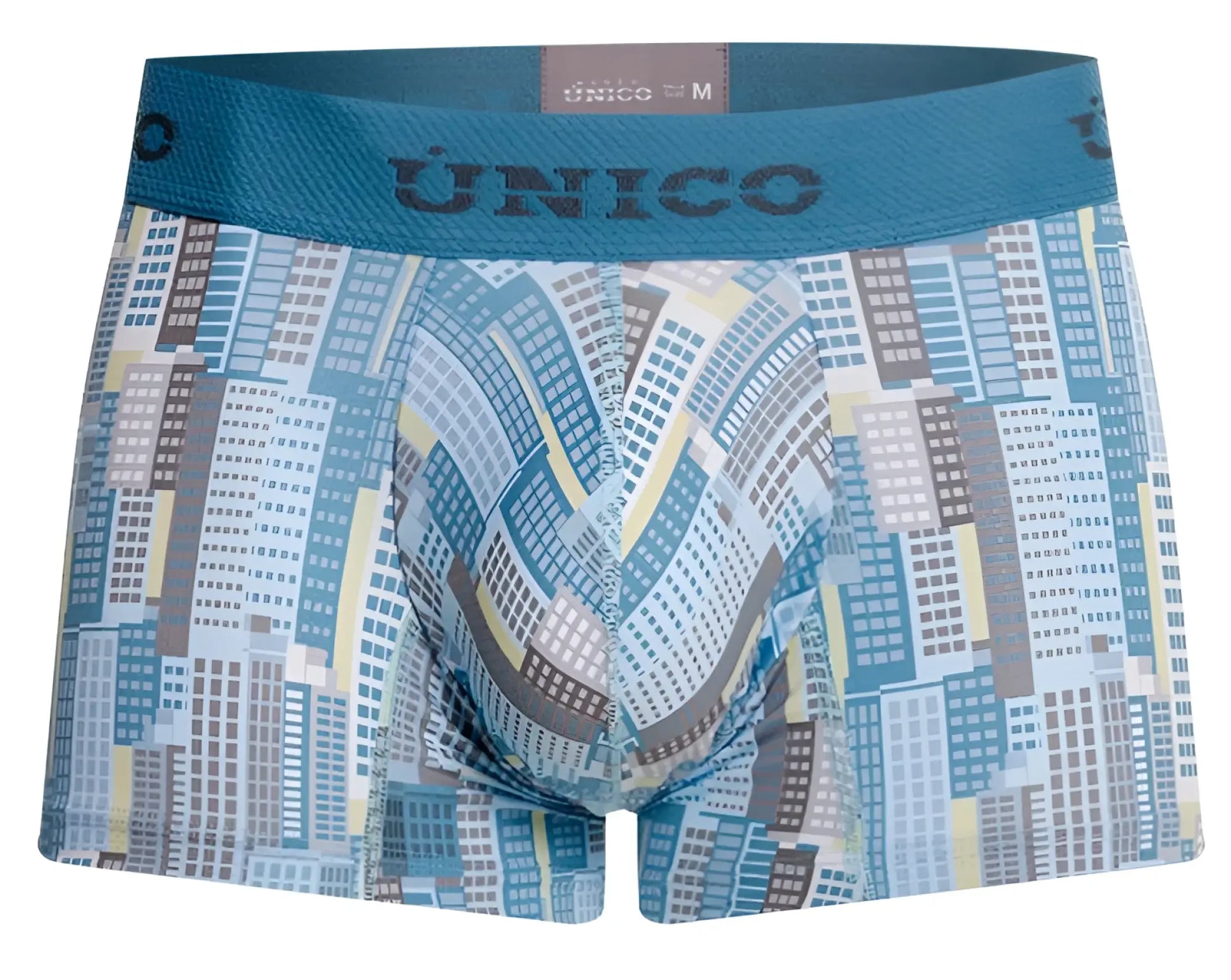 Blue and gray cityscape-patterned men’s boxer briefs by único in breathable fabric for everyday comfort