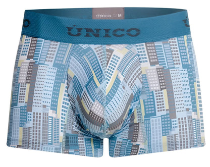 Blue and gray cityscape-patterned men’s boxer briefs by único in breathable fabric for everyday comfort