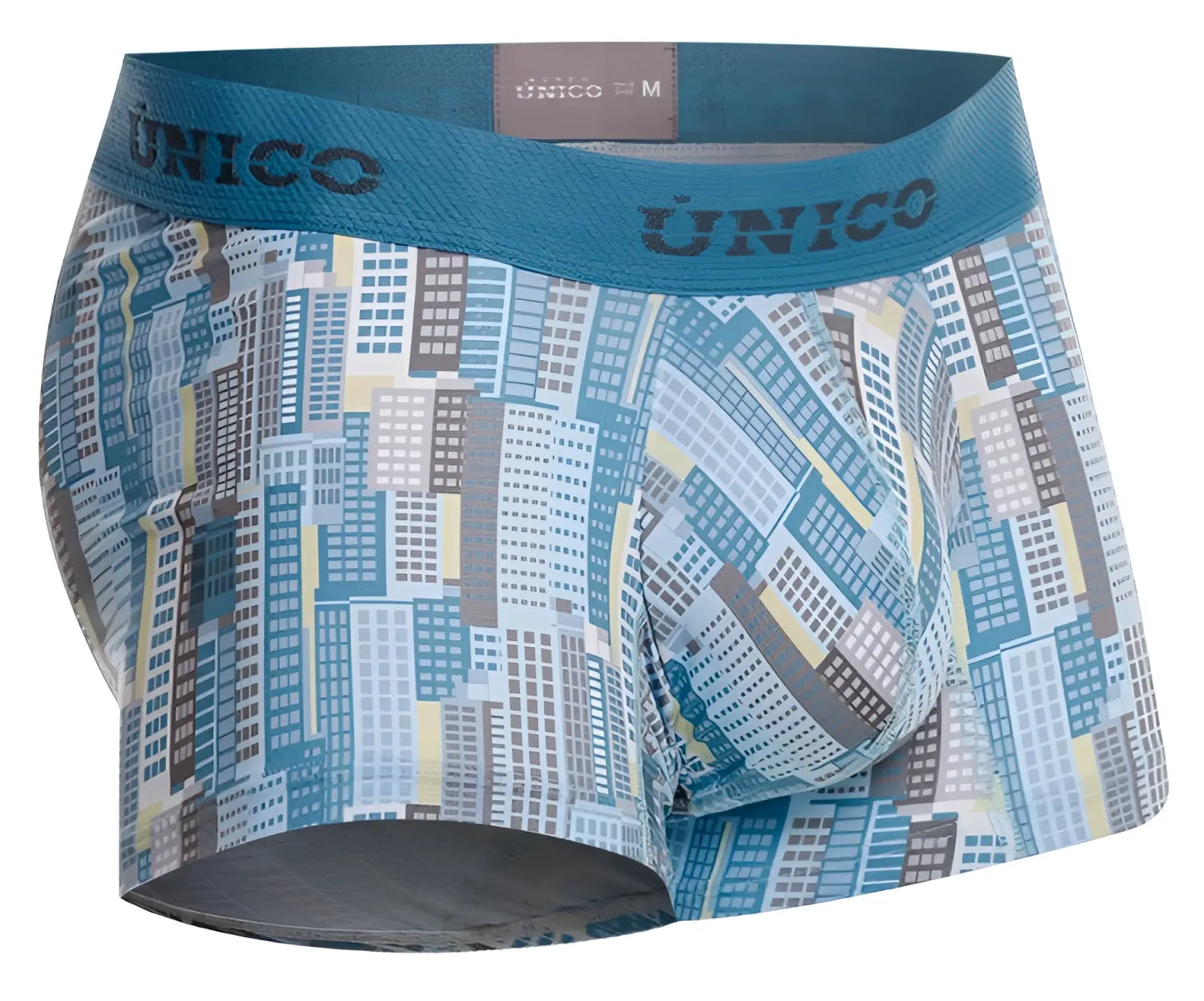 Unico 26020100103 ocarina blue and gray cityscape pattern men’s boxer briefs with teal elastic waistband