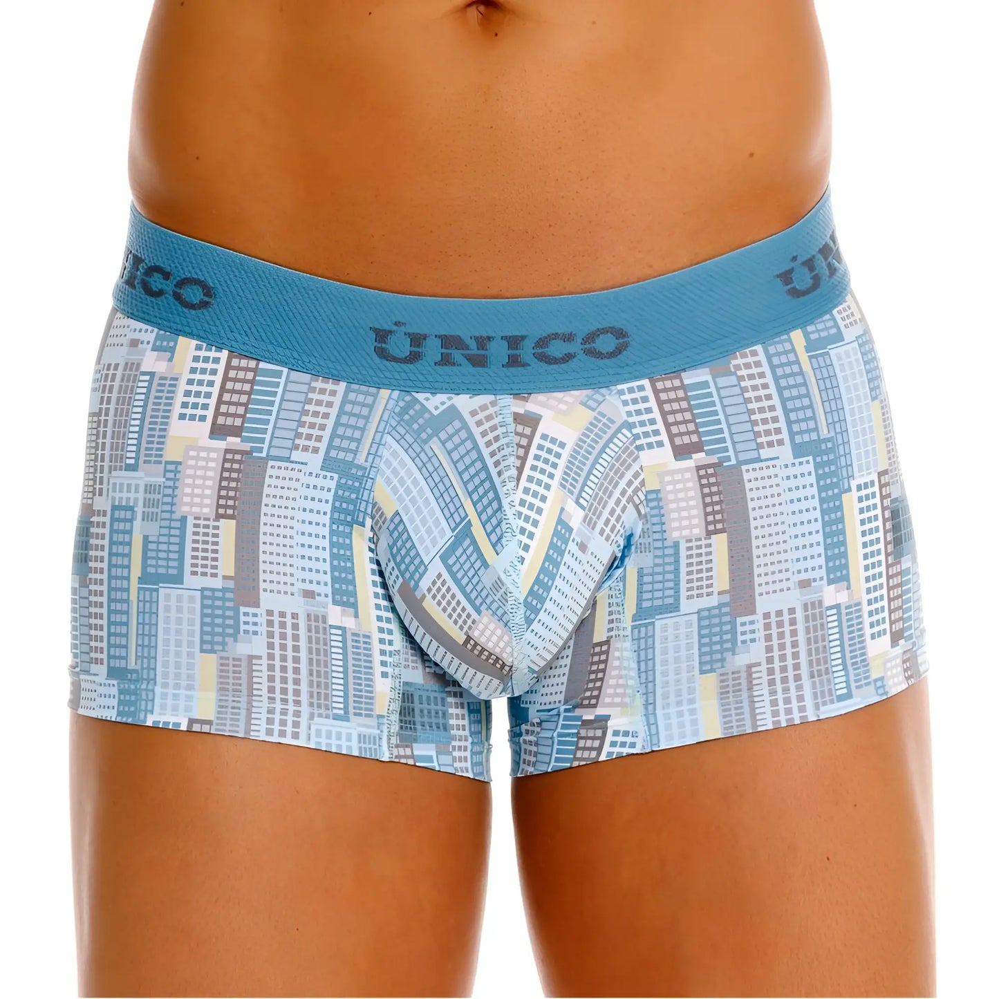 Unico 26020100103 ocarina trunks color 46-blue blue and gray cityscape patterned men’s boxer briefs with solid blue waistband
