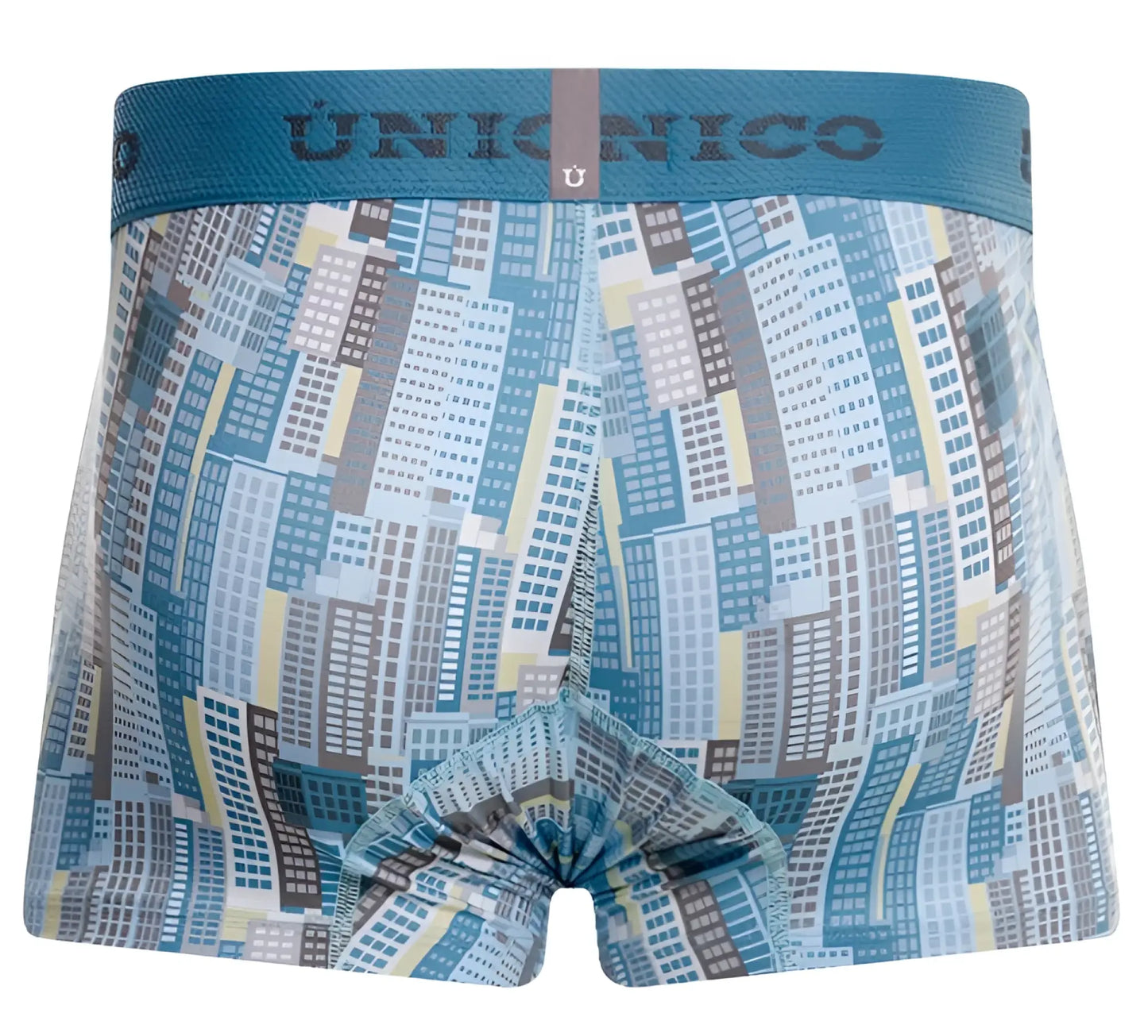 Unico 26020100103 Ocarina trunks color 46 blue boxer briefs with blue and gray cityscape pattern and teal waistband