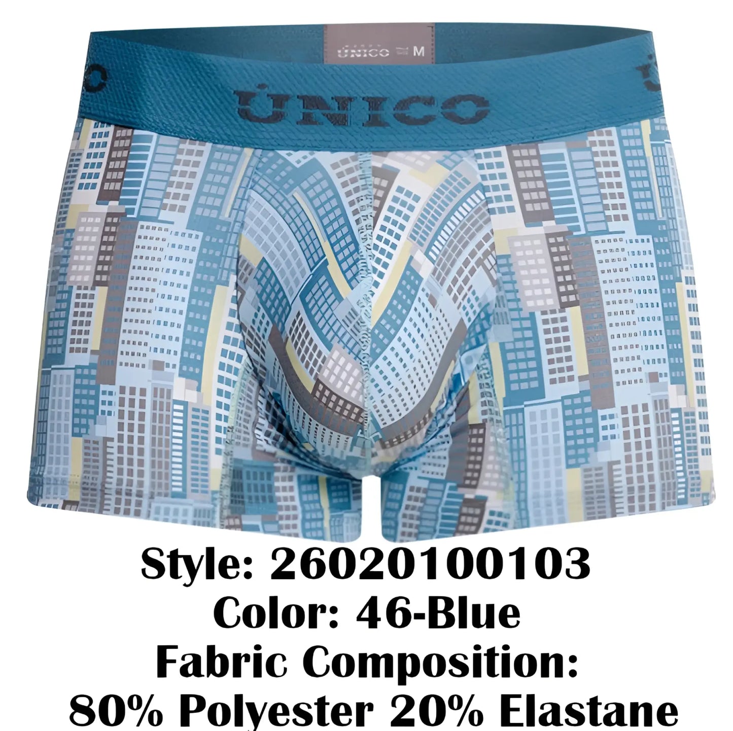 Unico 26020100103 Ocarina trunks blue boxer briefs with stylized cityscape pattern in blue gray and beige