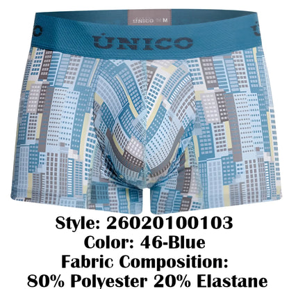 Unico 26020100103 Ocarina trunks blue boxer briefs with stylized cityscape pattern in blue gray and beige