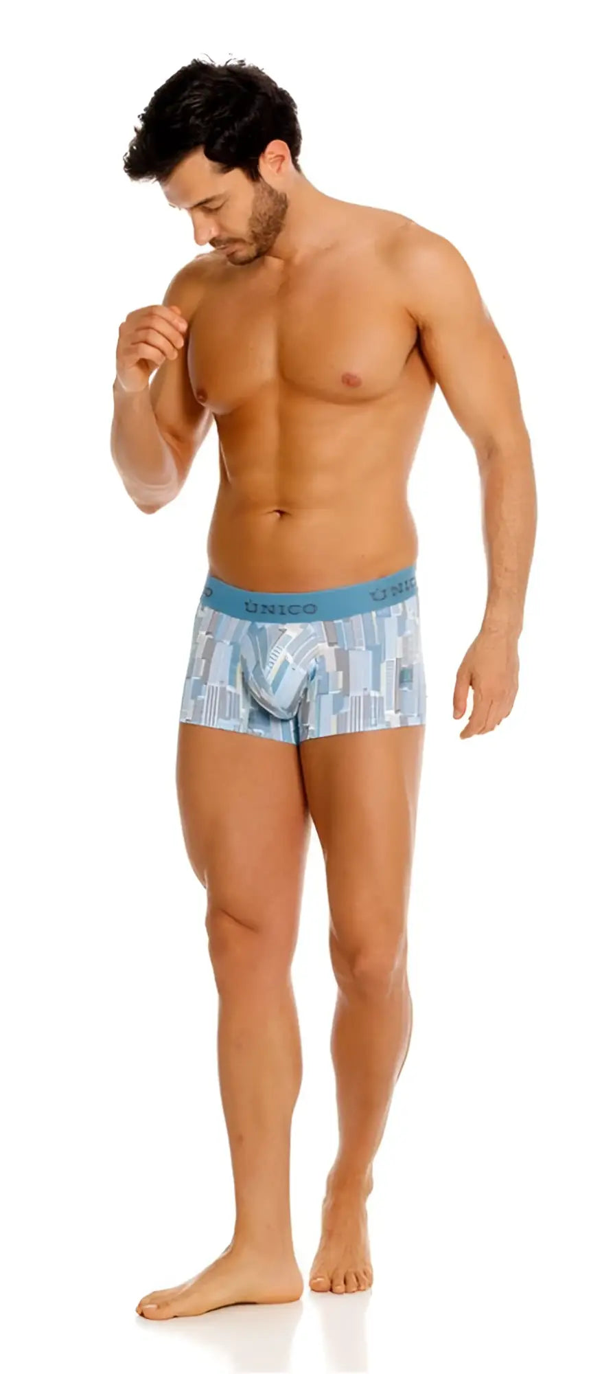 Blue and white geometric patterned men’s briefs with light blue unico waistband model 26020100103 ocarina trunks color 46-blue